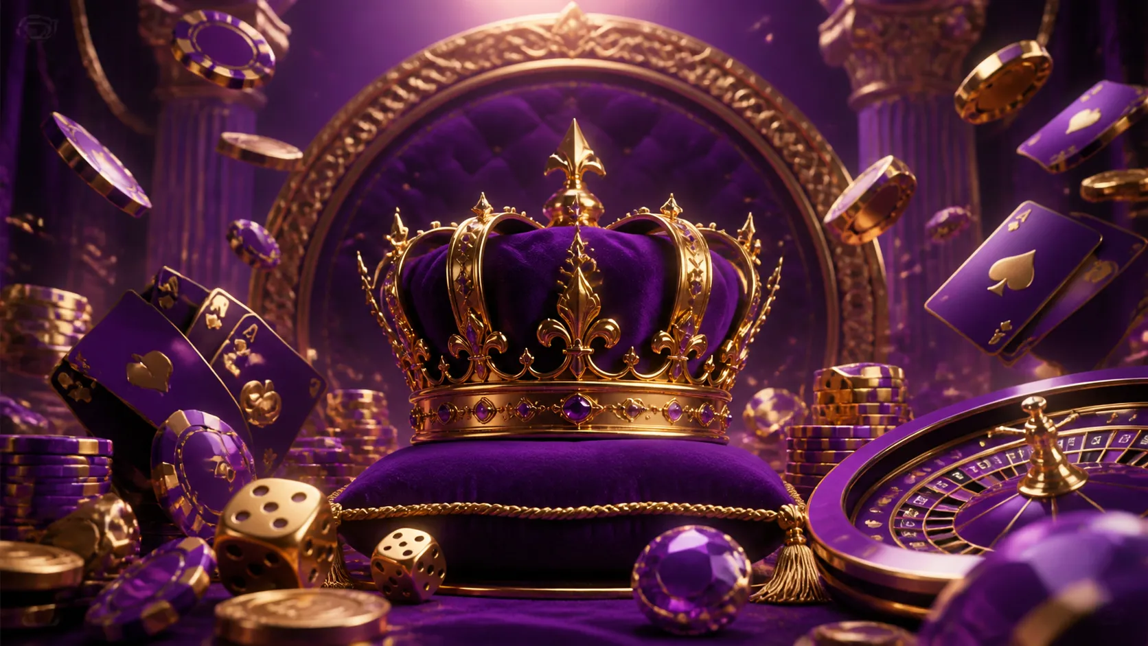 A luxurious casino-themed banner featuring a regal arrangement of poker chips, cards, and a roulette wheel, all in a rich col